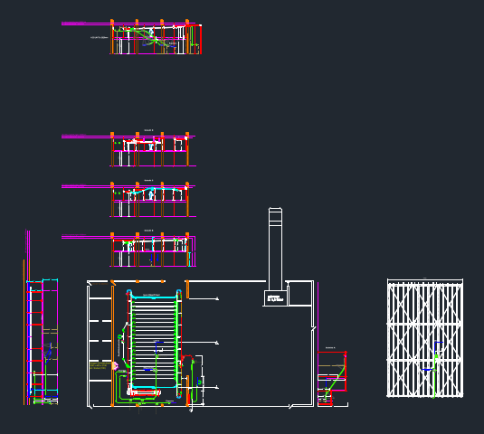 The DXF: conveyor plan (centre), sections (left), steel platform (right)